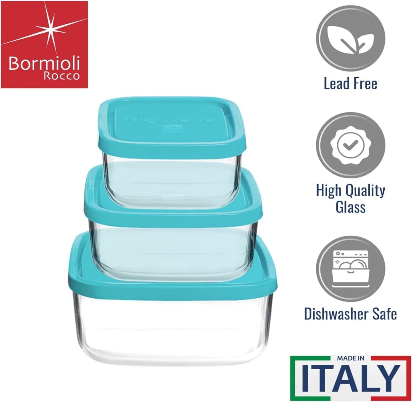 Bormioli Rocco Frigoverre Square Glass Food-Storage Containers with Lids, Set of 3