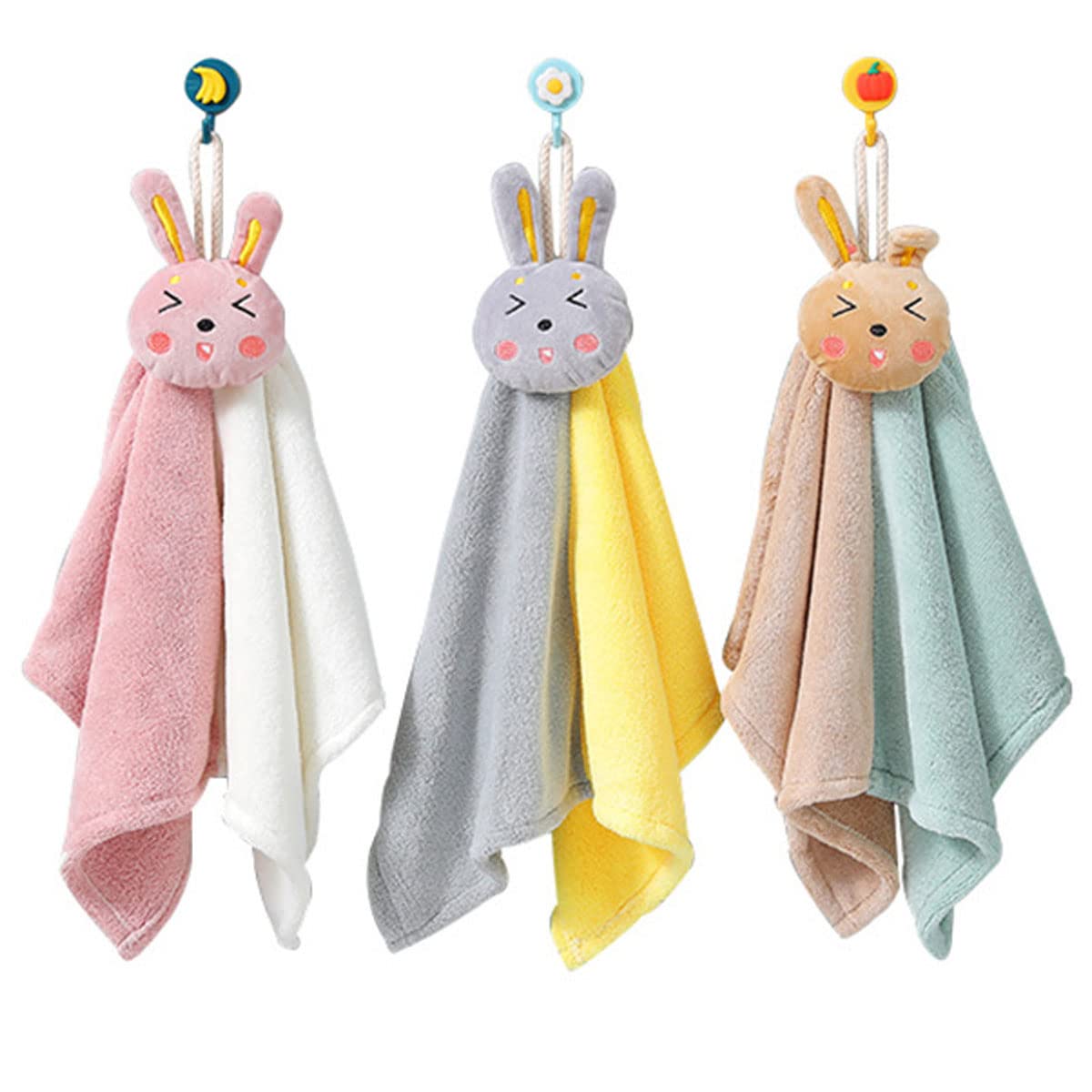 Ewanda 3 Pack Cute Rabbit Hand Towels with Hanging Loop, Kids Hanging Towels for Kitchen & Bathroom