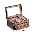 Bey-Berk Lacquered Walnut 3-Level Jewelry Box with Mirror, 2 Drawers and Locking Lid, Gold Accents, Ring Slots and Watch Pillows, 15.75" x 11" x 7"