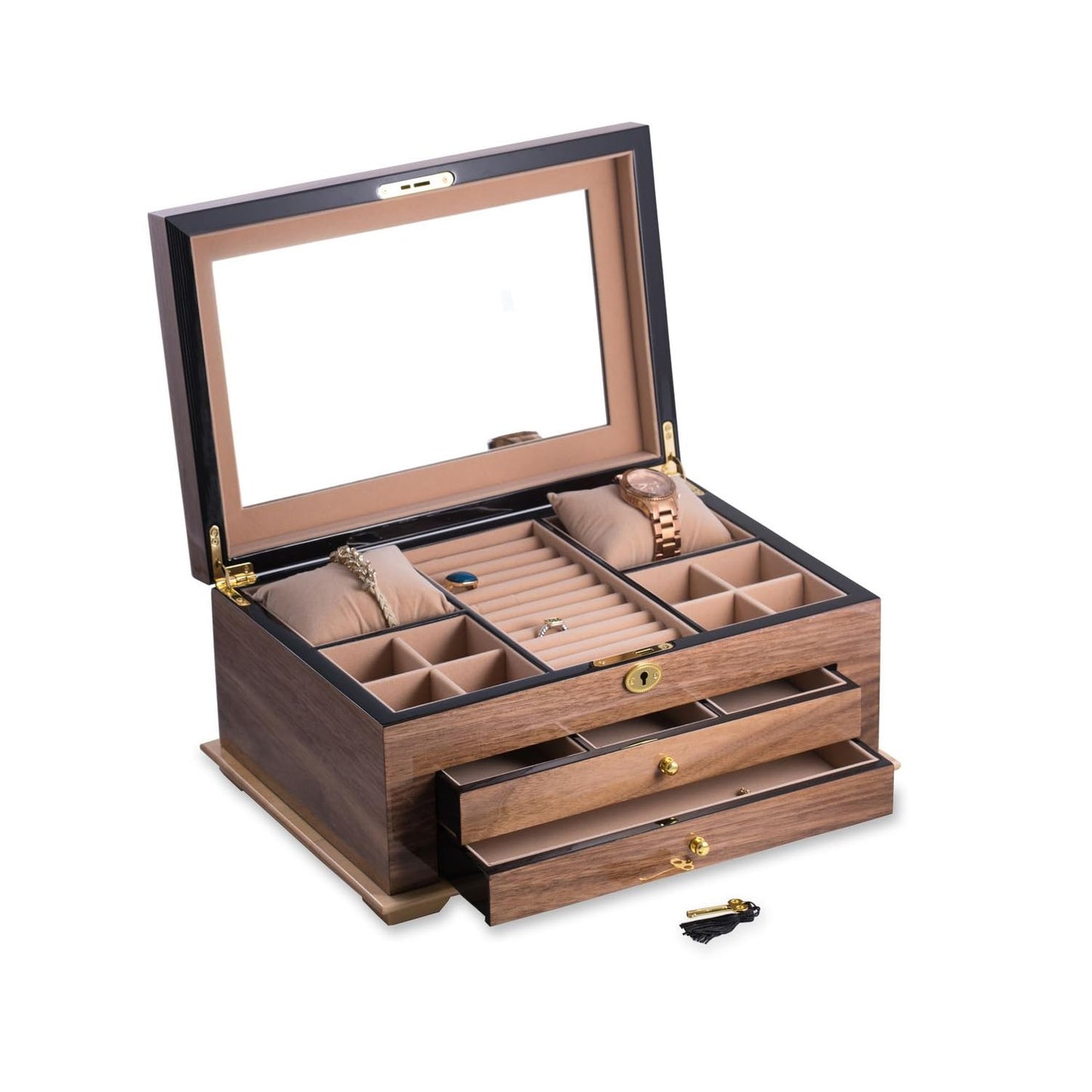 Bey-Berk Lacquered Walnut 3-Level Jewelry Box with Mirror, 2 Drawers and Locking Lid, Gold Accents, Ring Slots and Watch Pillows, 15.75" x 11" x 7"