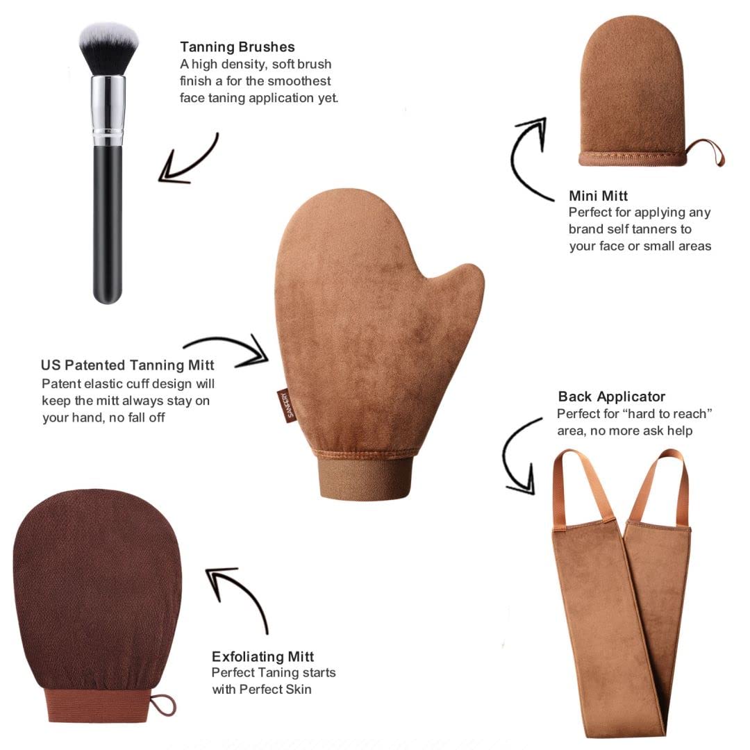Sanfery 5-Piece Self Tanning Mitt Kit with Self Tanner Back Applicator, Self Tanning Brush, Exfoliating Mitt & Accessories for Flawless Tan