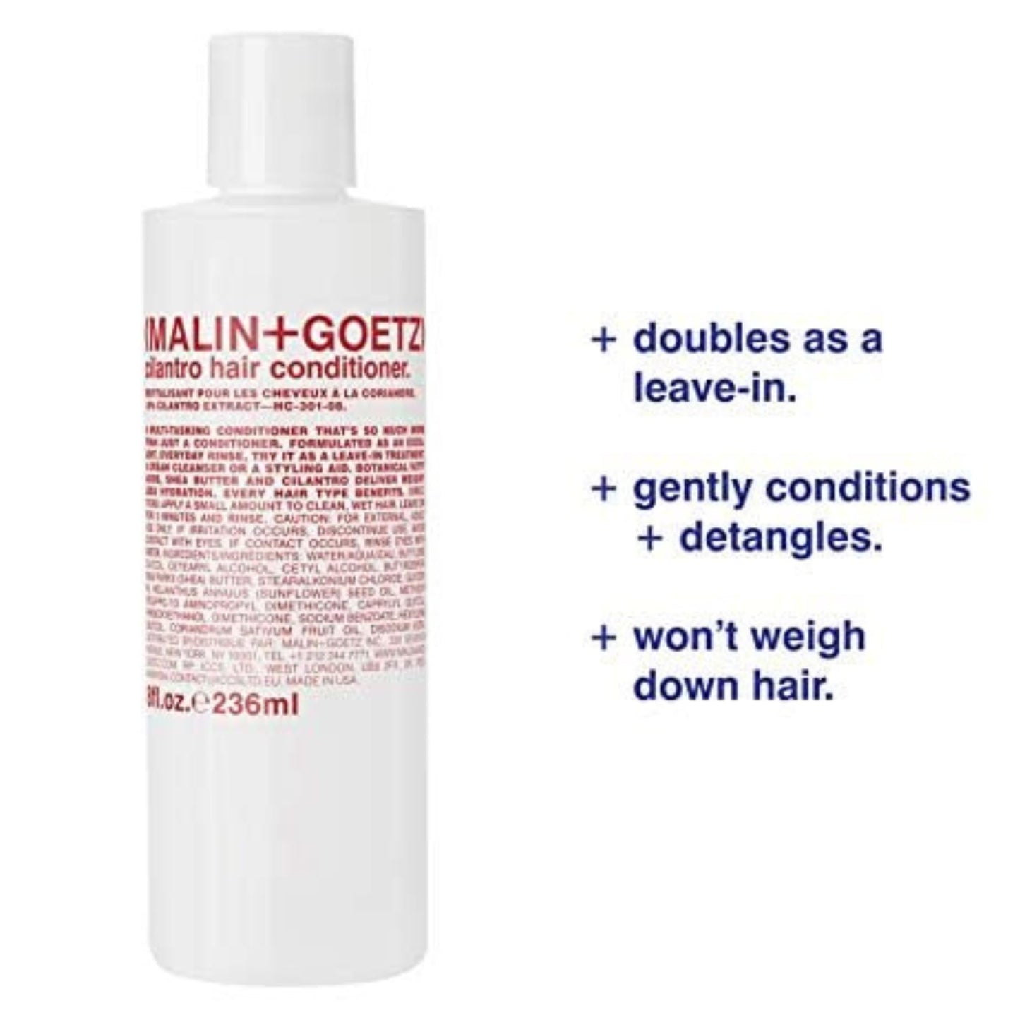 MALIN+GOETZ cilantro conditioner —residue-free, lightweight scalp treatment. conditions, detangles, balances pH, intensely hydrates. tames frizz