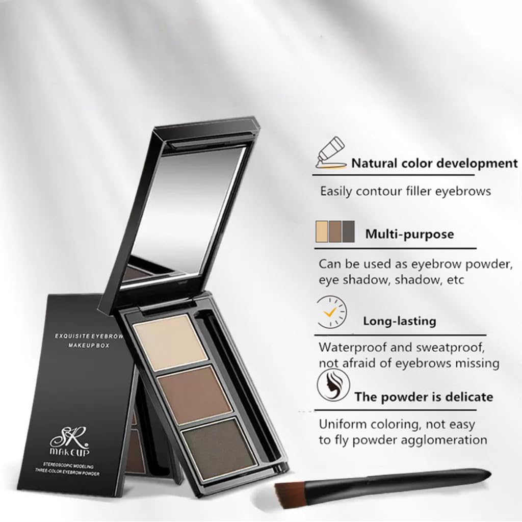 Eyebrow powder three-color brow disc waterproof eyebrow powder eyebrow makeup kit eyebrow filler to shape natural eyebrows (03# Skin color, brown