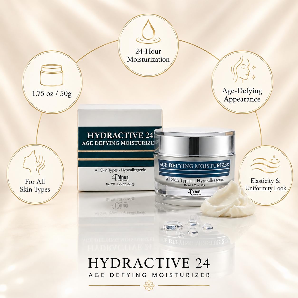 Dinur Cosmetics Hydractive 24 Age Defying Moisturizer Hydrating Looks Younger Smoother & Lucent Improves Skin Elasticity Uniformity 1.75 ounces/50