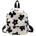 AnsenSUN Women Faux Plush Tote Bag Backpack, Plush Backpack, Preppy Style Flowers Printing Casual Knapsack, Mini Rucksacks Black and White…