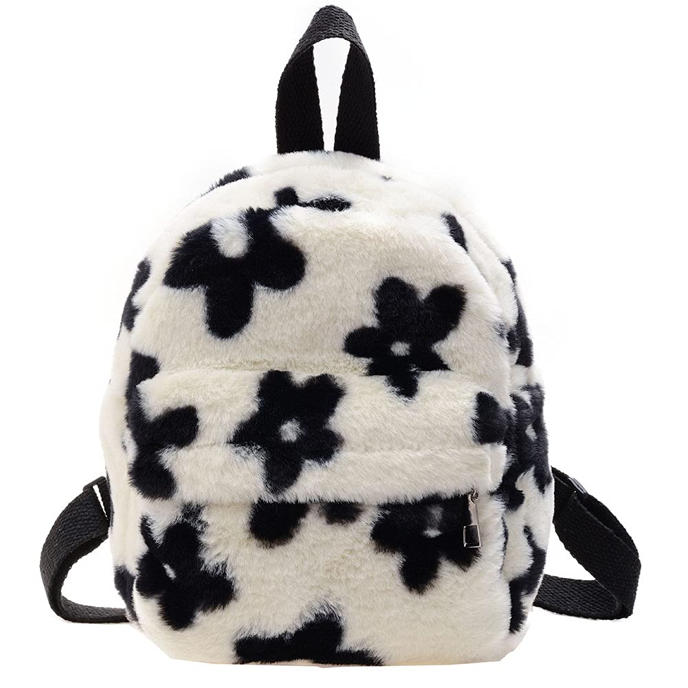 AnsenSUN Women Faux Plush Tote Bag Backpack, Plush Backpack, Preppy Style Flowers Printing Casual Knapsack, Mini Rucksacks Black and White…