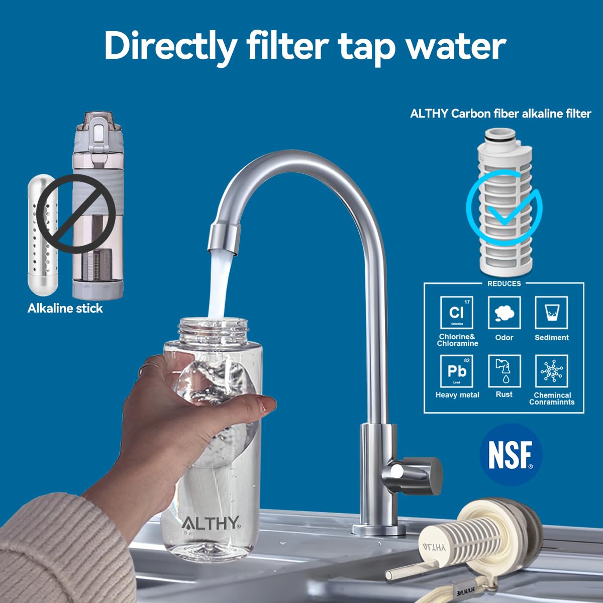 ALTHY Alkaline Water Filter Bottle, Up to PH 9.5, Added Minerals & Electrolytes, Composite Alkalize & Filtration System, BPA Free 500ml, Includes 3