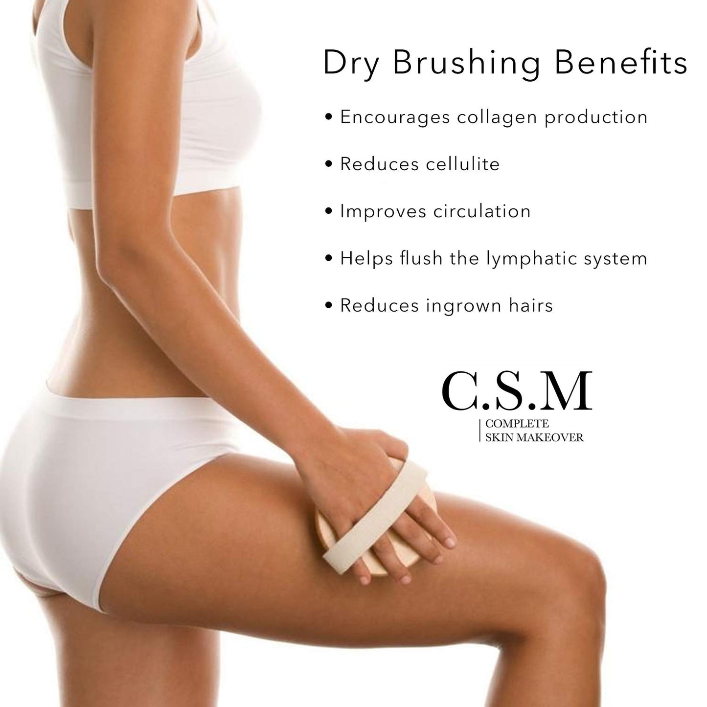 CSM Dry Brushing Body Brush for Lymphatic Drainage - Natural Boar Bristle Exfoliating Brush Set with Face Brush for Cellulite, Circulation & Glowing