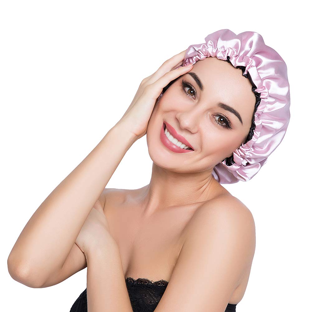ELIHAIR Stain Bonnet Silky Sleep Cap Adjustable Satin Cap for Night Sleeping Hair Bonnet Reversible Double Layer Light Purple/Black
