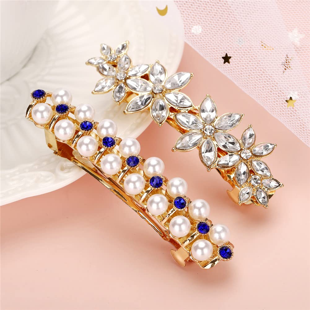 Flower Luxury Jewelry Design Pearl Hair Clips Hairpin Rhinestone Hair Barrette Clip,Women Girls Hair Accessories for Party Wedding Daily Diamond Clips