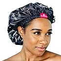 Shower Cap - Extra Large, Black, Satin lined inside, Reversible bonnet, Waterproof outer layer, Adjustable Elastic Strap, Reusable, Washable, Positive