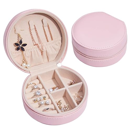 LETLIT Travel Jewelry Organizer, Small Jewelry Box for Women, Round Earrings Necklace Ring Holder Case (Light Pink)