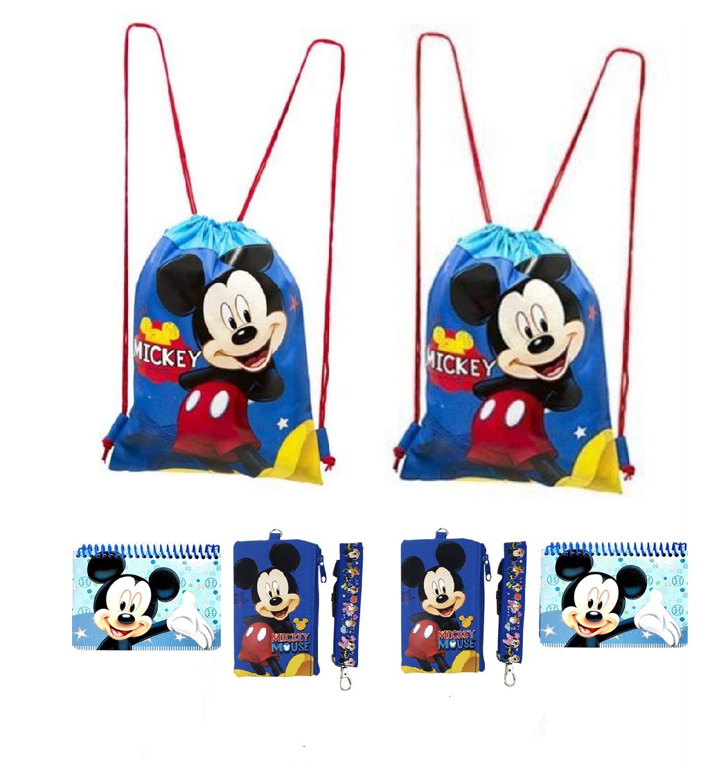 Disney Mickey and Minnie Mouse Drawstring Backpacks Plus Lanyards with Detachable Coin Purse and Autograph Books (Set of 6) (Blue - Blue)
