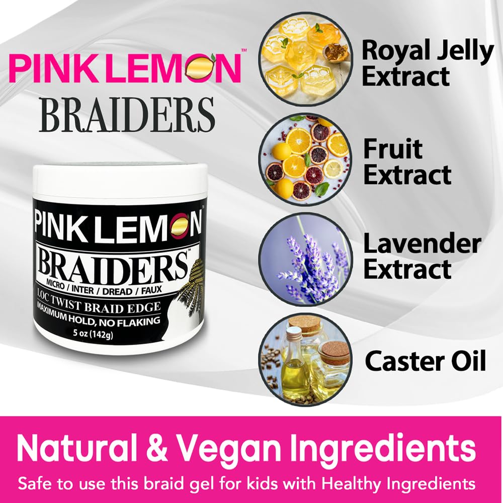 PINK LEMON Braiding Gel (5 oz) - Maximum Hold, No Flaking, Long Lasting Hold, High Shine. For Micro, Inter, Dread, Faux, Loc, Twist, Braid, Edge.