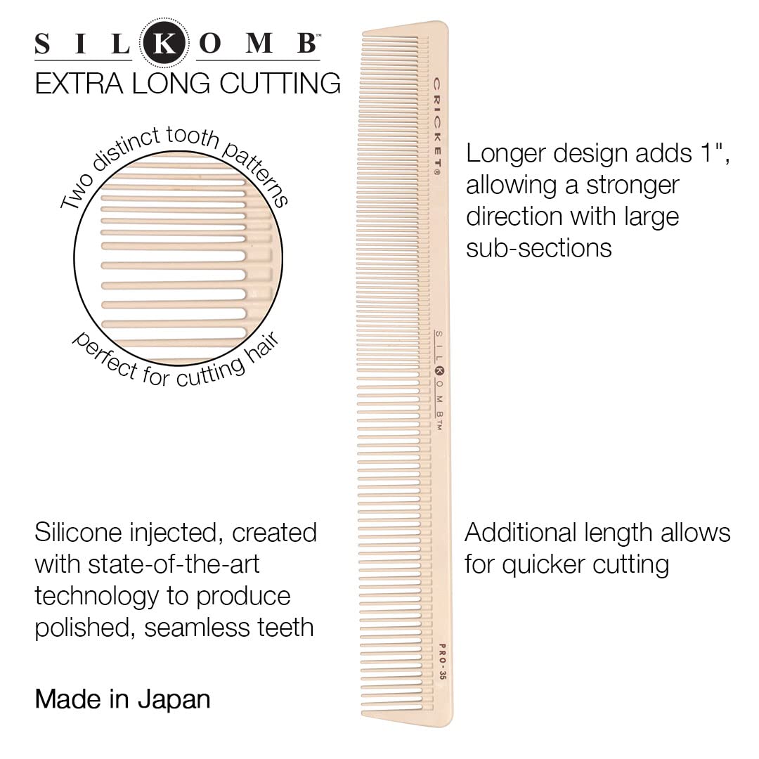 Cricket Silkomb Pro-35 Extra Long Hair Cutting Comb - Silicone-Injected, Seamless Teeth with Dual Tooth Pattern for Precision Cutting, Styling, Ideal
