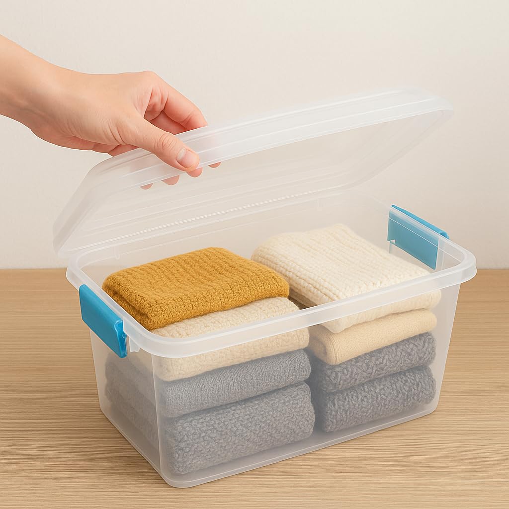 20 Quart Clear Plastic Storage Bin with Gasket Seal Lid - Small Airtight Storage Container for Closet, Pantry, Garage, Office, Blue Latching Box