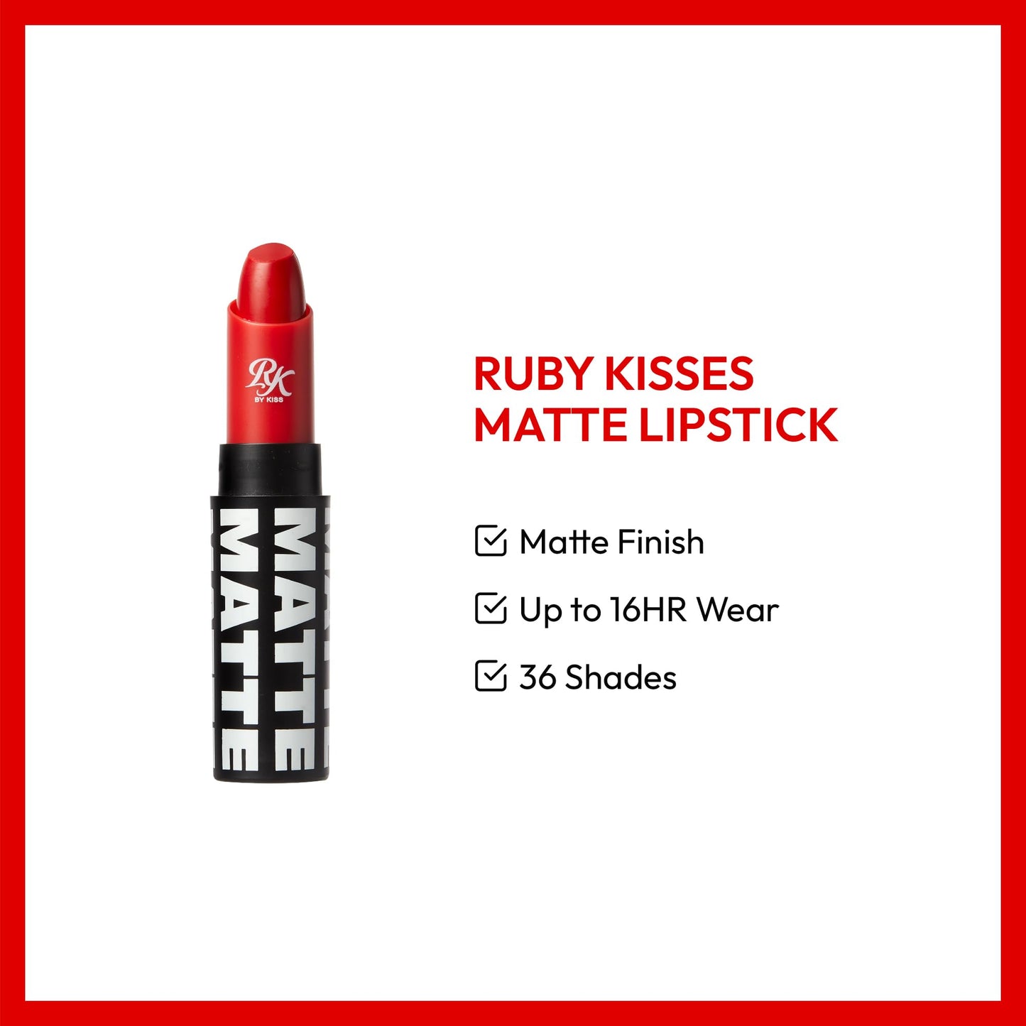 Ruby Kisses Lipstick, Matte Finish, Long-Lasting, Highly Pigmented, Smooth Apply, Full Coverage Lip Color Makeup (Scarlet)