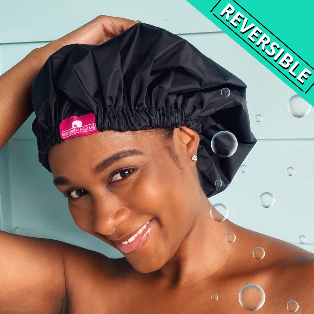 Shower Cap - Extra Large, Black, Satin lined inside, Reversible bonnet, Waterproof outer layer, Adjustable Elastic Strap, Reusable, Washable, Positive