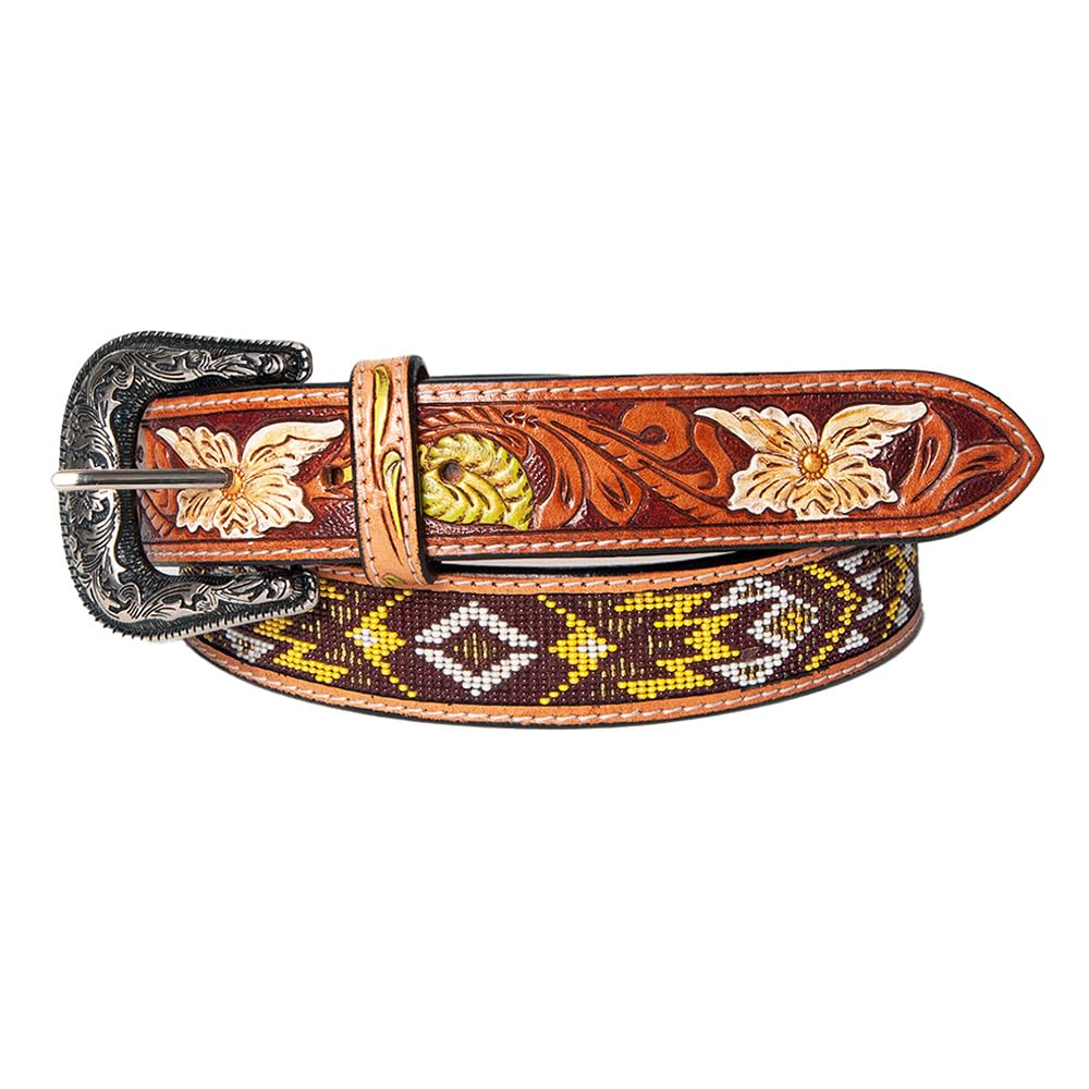 American Darling Small Hand Tooled Brown Genuine American Leather Beaded Belt Men & Women Western Belt with Removable Buckle