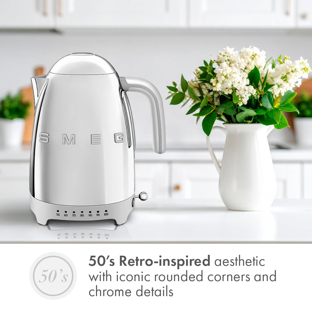 SMEG 7-Cup Variable Temperature Electric Kettle - Retro Style Aesthetic with Advanced Technology - Stainless Steel, 1400W, 120V, 360° Swivel Base…