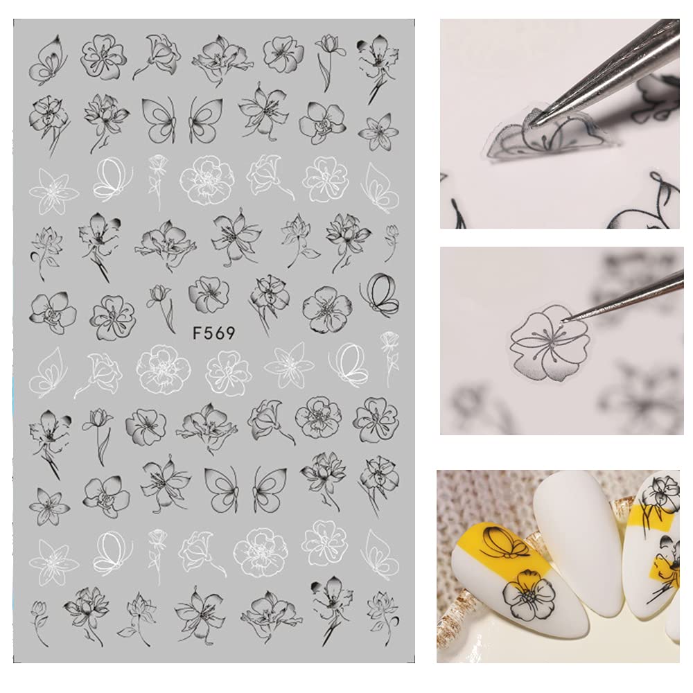 10 Sheets Black White Leaves Flowers Nail Stickers Decals,3D Self- Adhesive Retro Flower Vintage Vine Rose Flower Butterflies Nail Sticker for Women