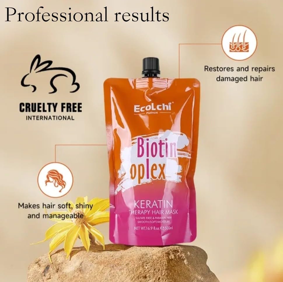 EcoLchi Biotin Oplex Keratin Hair Mask - Amino Acids Repair for Soft Hair Treatment - Color Damage, Frizz Control - Moisturizing Biotin Mask for Dry
