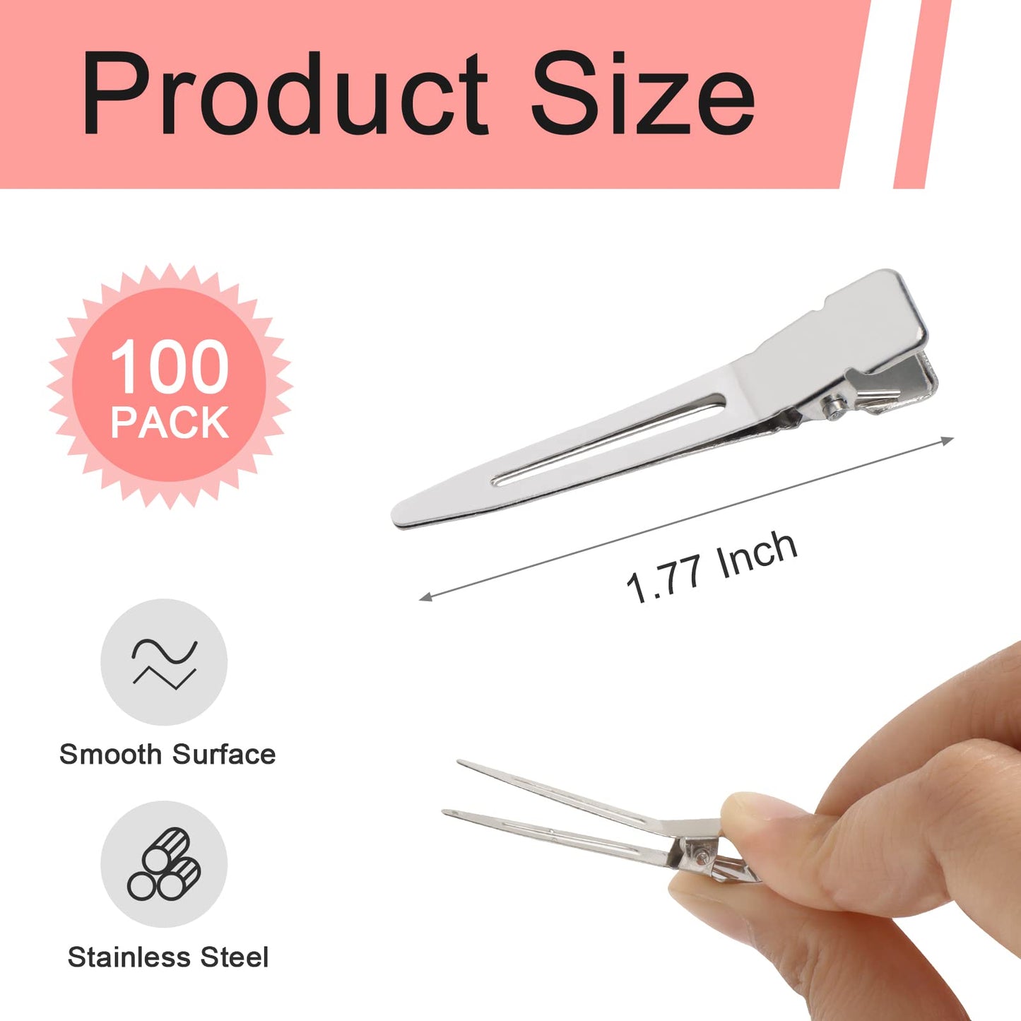 SBYURE 100 Pack 1.77 Inch Single Prong Pin Curl Duckbill Clips,Silver Setting Section Hair Clips Metal Alligator Clips for Hair Extensions