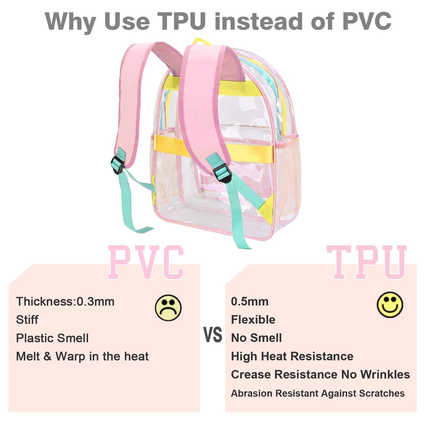 BYXEPA Clear Backpack Heavy Duty TPU See Through Transparent Backpack with Reinforced Strap & Large Capacity for Girls Women School College Workplace Security - Pink, 16.1in