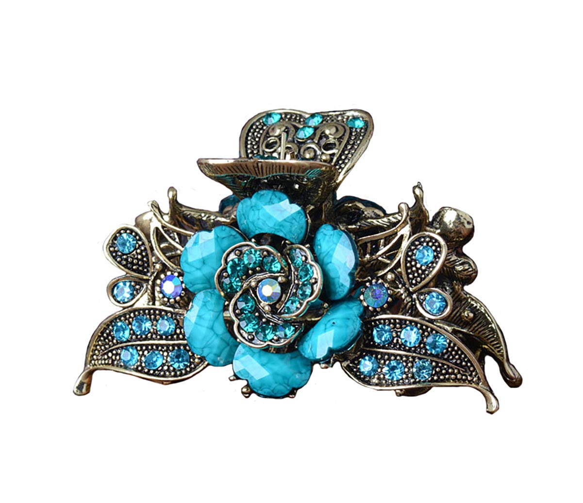 Women Retro Rose Flower Hair Claw Imitation Turquoise Fancy Jaw Clips Pins Fashion Alloy Rhinestone Hair Catch Barrette Hair Updo Grip Hair