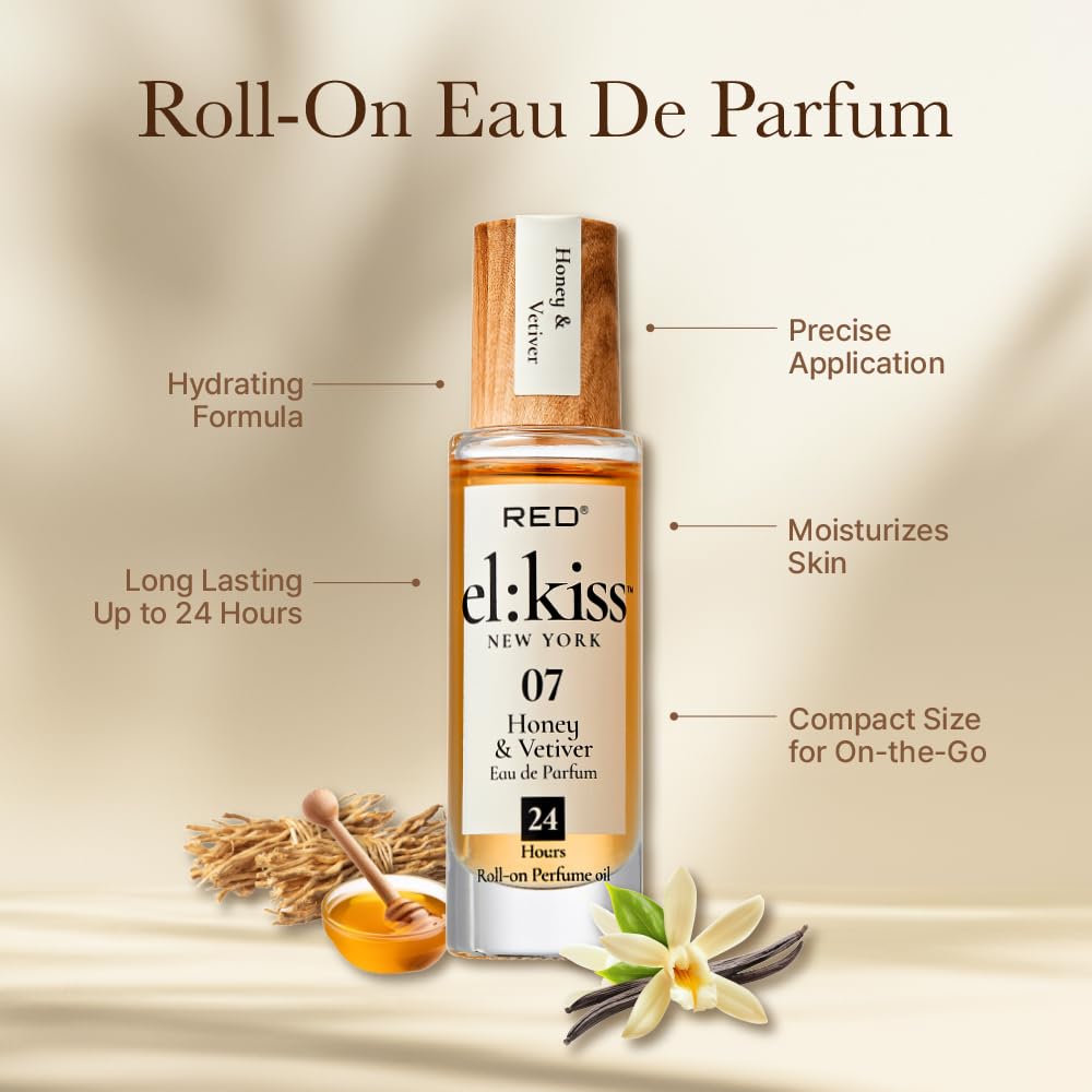 EL:KISS Roll On Perfume, Honey & Vetiver Eau de Parfum 12mL (.40 Fl Oz), Hydrating & Long-Lasting, Alcohol-Free & Mineral Oil-Free, Infused Beauty & Personal Care EL:KISS