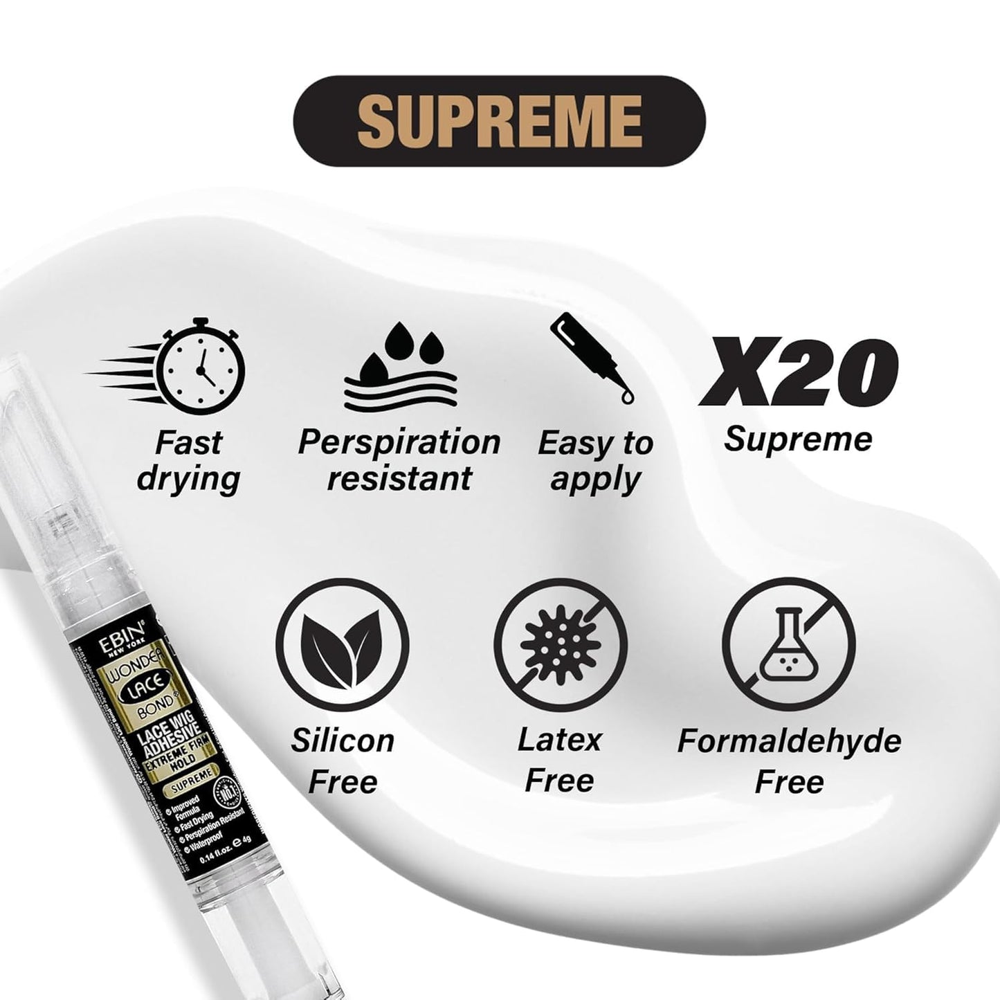 EBIN NEW YORK Wonder Lace Bond Silicone Pen Type 4g - Supreme (Extreme Firm Hold) | No Residue Improved Formula Easy to Apply Fast Drying Waterproof