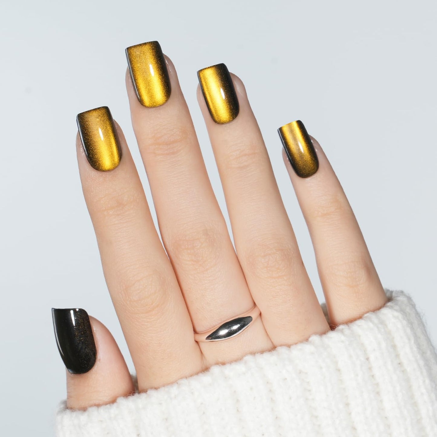 Leefrei Gold Cat Eye Press On Nails - Short Square Metallic Gold Nails Press Ons for Women DIY Glossy Fake Nails Kit with Glue, Reusable Soft Gel Glue Beauty and Personal Care Leefrei