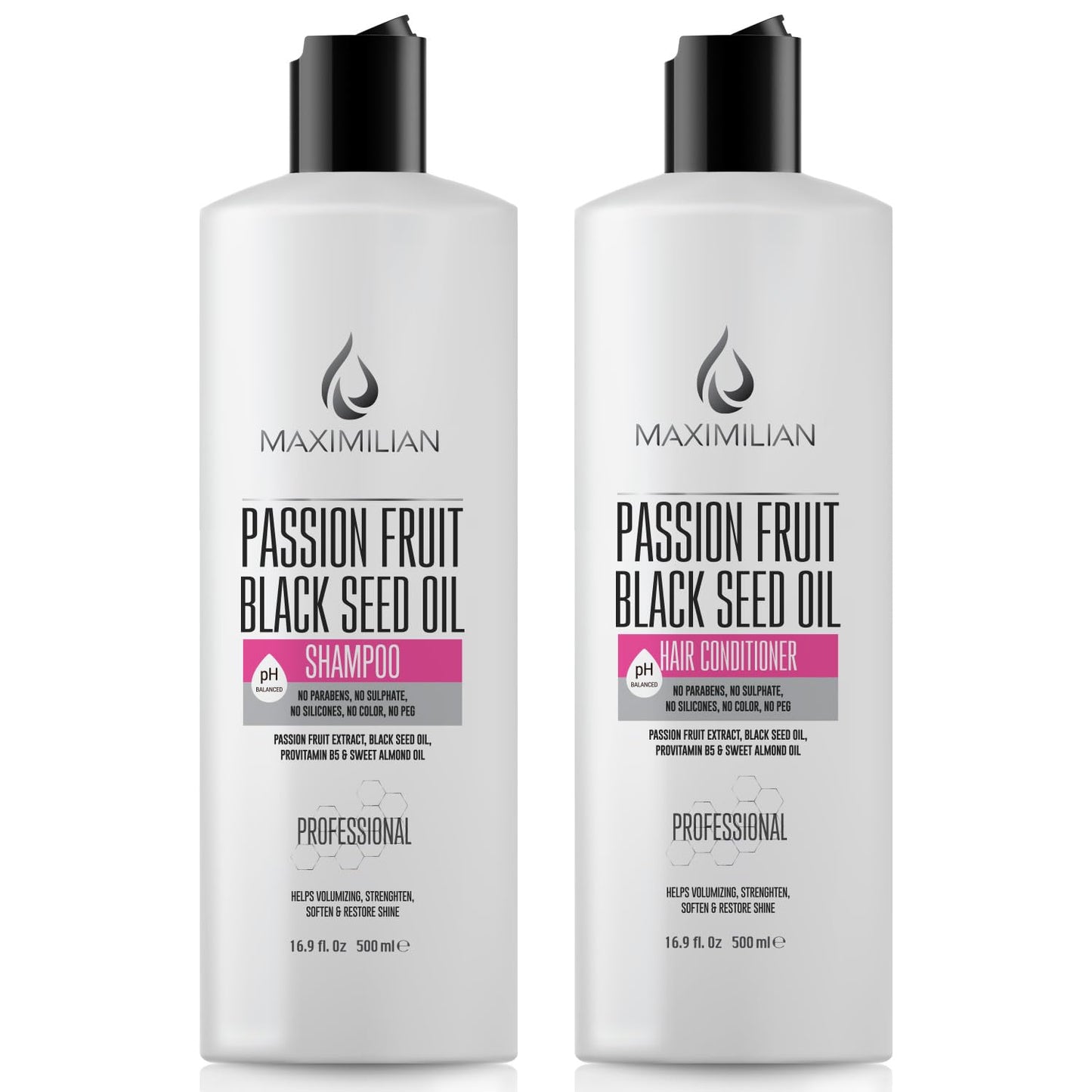 Maximilian Passion Fruit Black Seed Oil Curly Hair Shampoo and Conditioner Set- Extra Volumizing, Strengthing, Moisturizing, Hydration and Shine