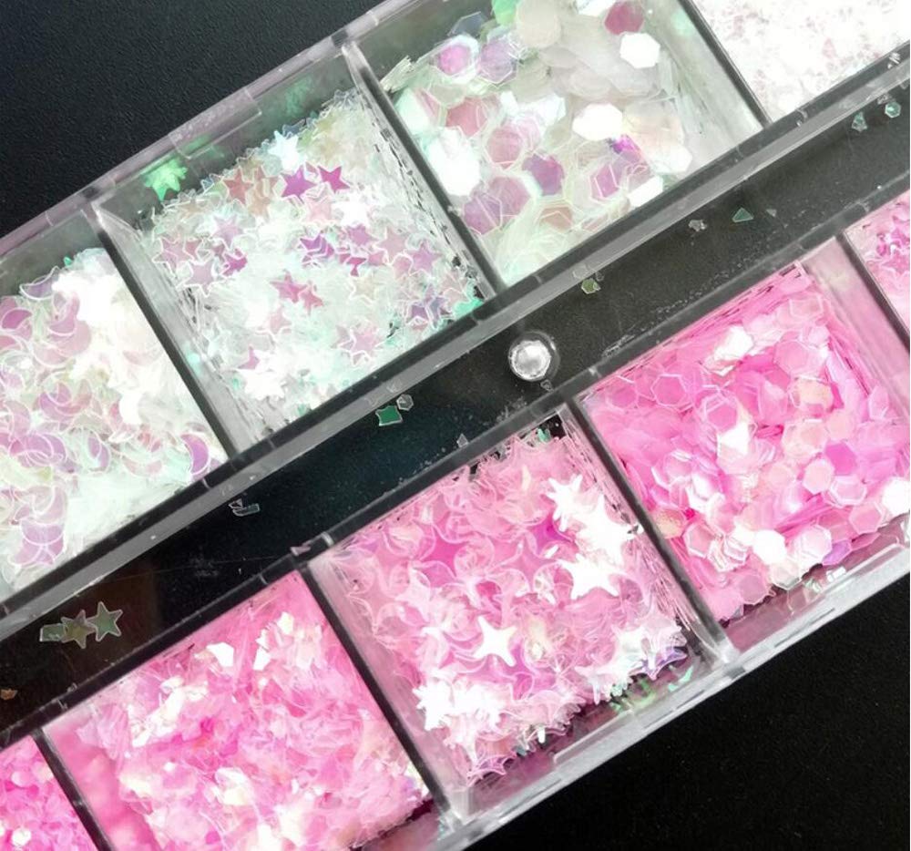 AddFavor 4 Boxes Holographic Nail Sequins Mixed Shapes Iridescent Glitter Flakes Hearts Star Moon DIY Design Manicure Nail Art Decorations Sets