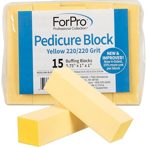 ForPro Professional Collection Yellow Pedicure Block, 220/220 Grit, Three-Sided Pedicure Nail Buffer, 3.75”L x 1”W x 1”H, Yellow, 15-Count
