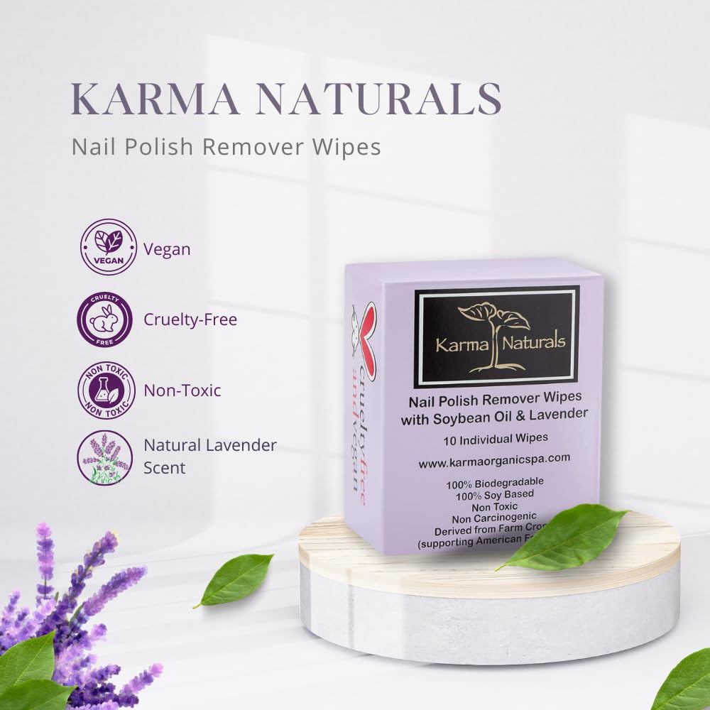 Karma Organic Natural Nail Polish Remover Wipes with Soybean and Lavender Oil, 100% Soy Based, Non-Toxic, Vegan, Cruelty-Free - Pack of 10