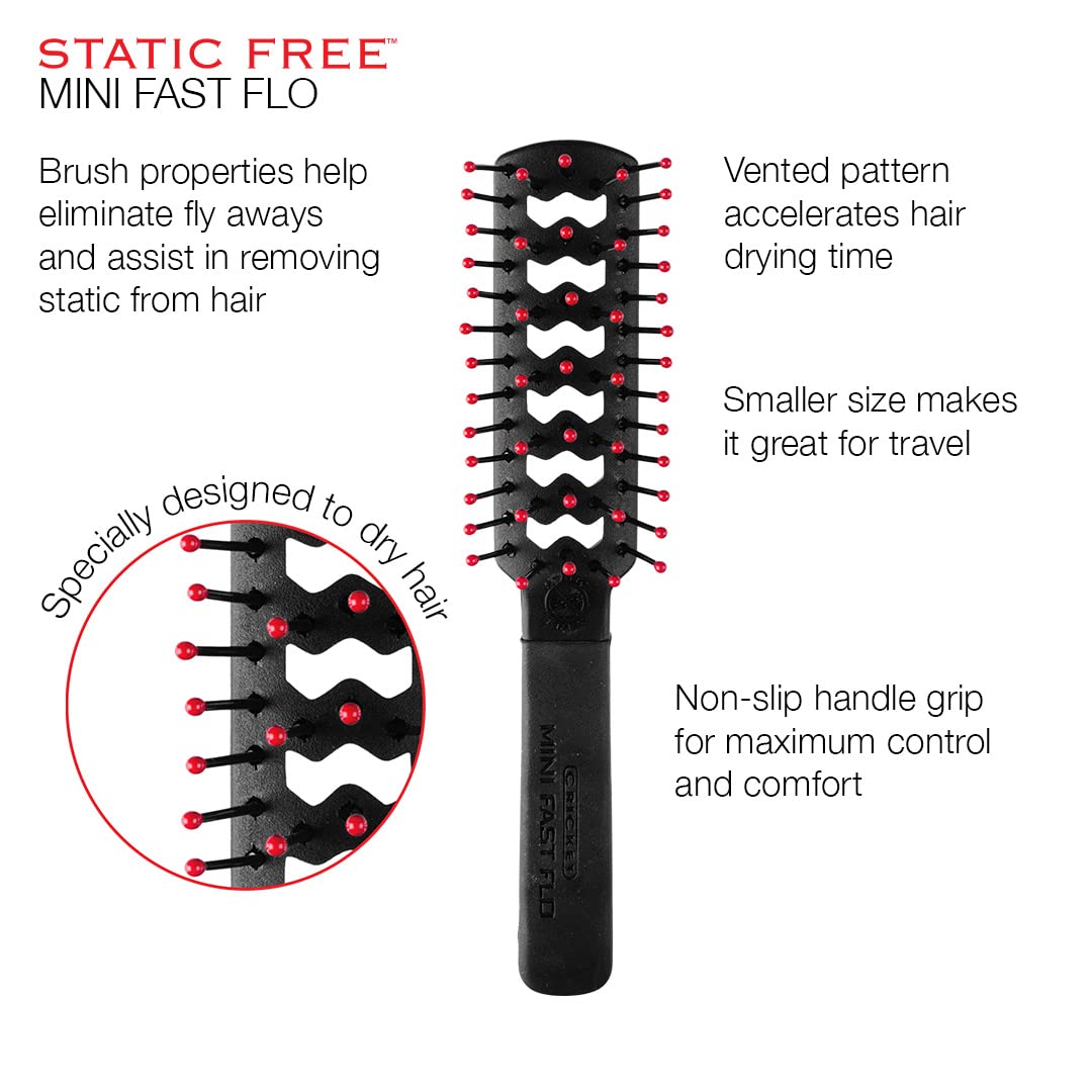 Cricket Static Free Mini Fast Flo Vent Hair Brush - Curling, Blow Drying, Detangling and Styling Wet or Dry Hair, Ideal for Travel, 1.5", Suitable