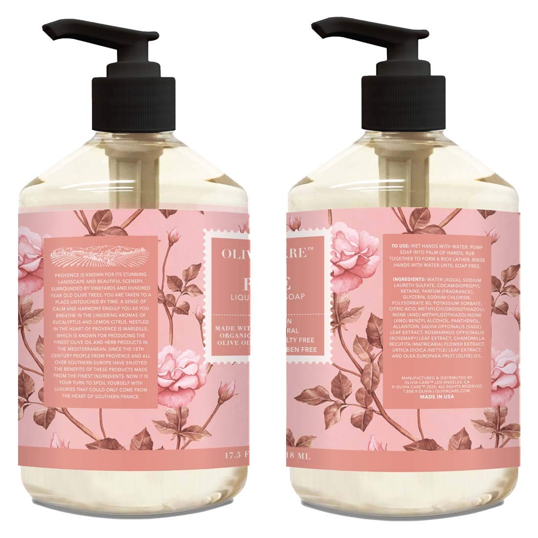 Olivia Care Liquid Hand Soap Rose & Essential Oils. All Natural - Cleansing, Germ-Fighting, Moisturizing Hand Wash for Kitchen & Bathroom - Gentle