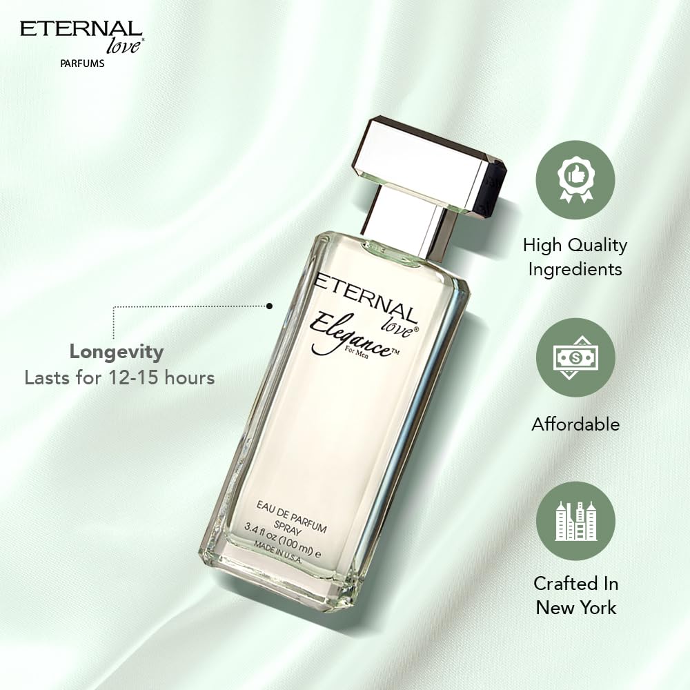 Eternal Love Elegance for Men - Long Lasting Eau de Parfum Spray - Clean Masculine Floral Aquatic Fragrance with Jasmine & Musk - Summer Scent - 3.4oz
