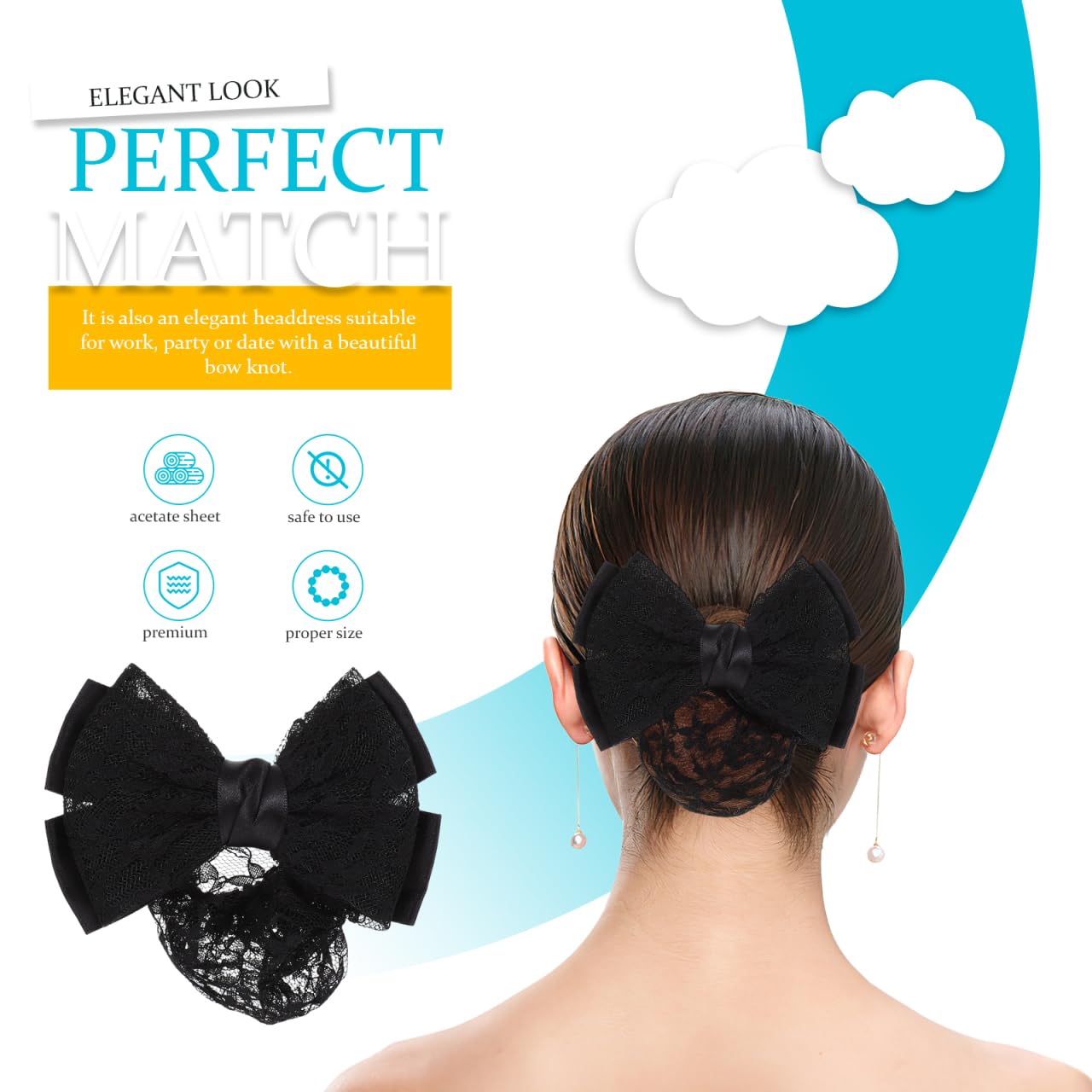 Beaupretty 2Pcs Women Bowknot Hair Bun Cover Barrettes Net Snood Hairnet Decor French Hair Clip (Black)