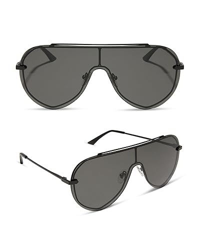 DIFF Imani Designer Oversized Shield Sunglasses for Women UV400 Protection, Black + Grey
