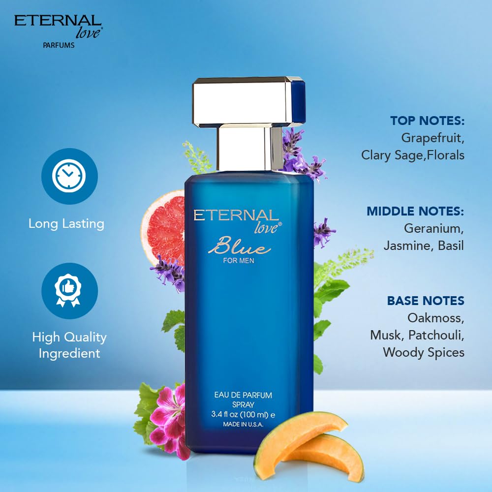 Eternal Love Blue for Men - Long Lasting Eau de Parfum Spray - Fresh Marine Scent with Musk & Warm Woods- Light and Breezy Fragrance - 3.4oz