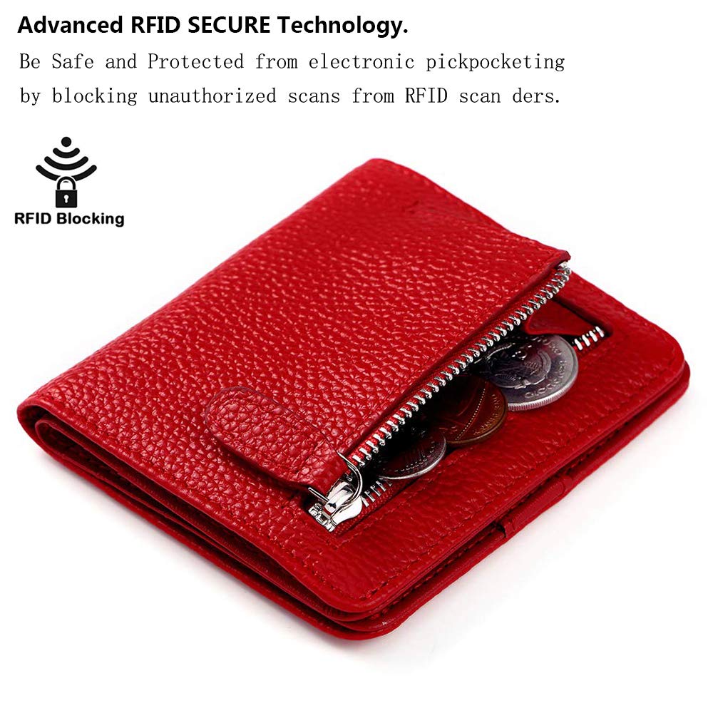 FUNTOR Small Wallets for Women, Ladies Small Compact Bifold Pocket RFID Blocking Genuine Leather Wallet for Women, Red