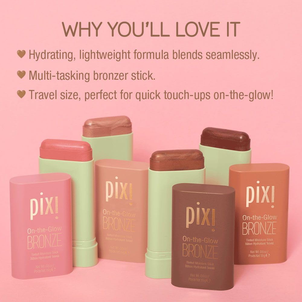 Pixi On-the-Glow Bronze - BeachGlow, Hydrating Tinted Moisture Bronzer Stick with Ginseng, Aloe Vera & Fruit Extracts, For Cheeks & Lips, 19g / 0.6oz