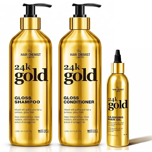 Hair Chemist 24K Gold Gloss Shampoo & Conditioner 3-Piece Hair Care Set - 33.8oz Shampoo, 33.8oz Conditioner & 8 oz Hair Oil - Strengthening, for Dry