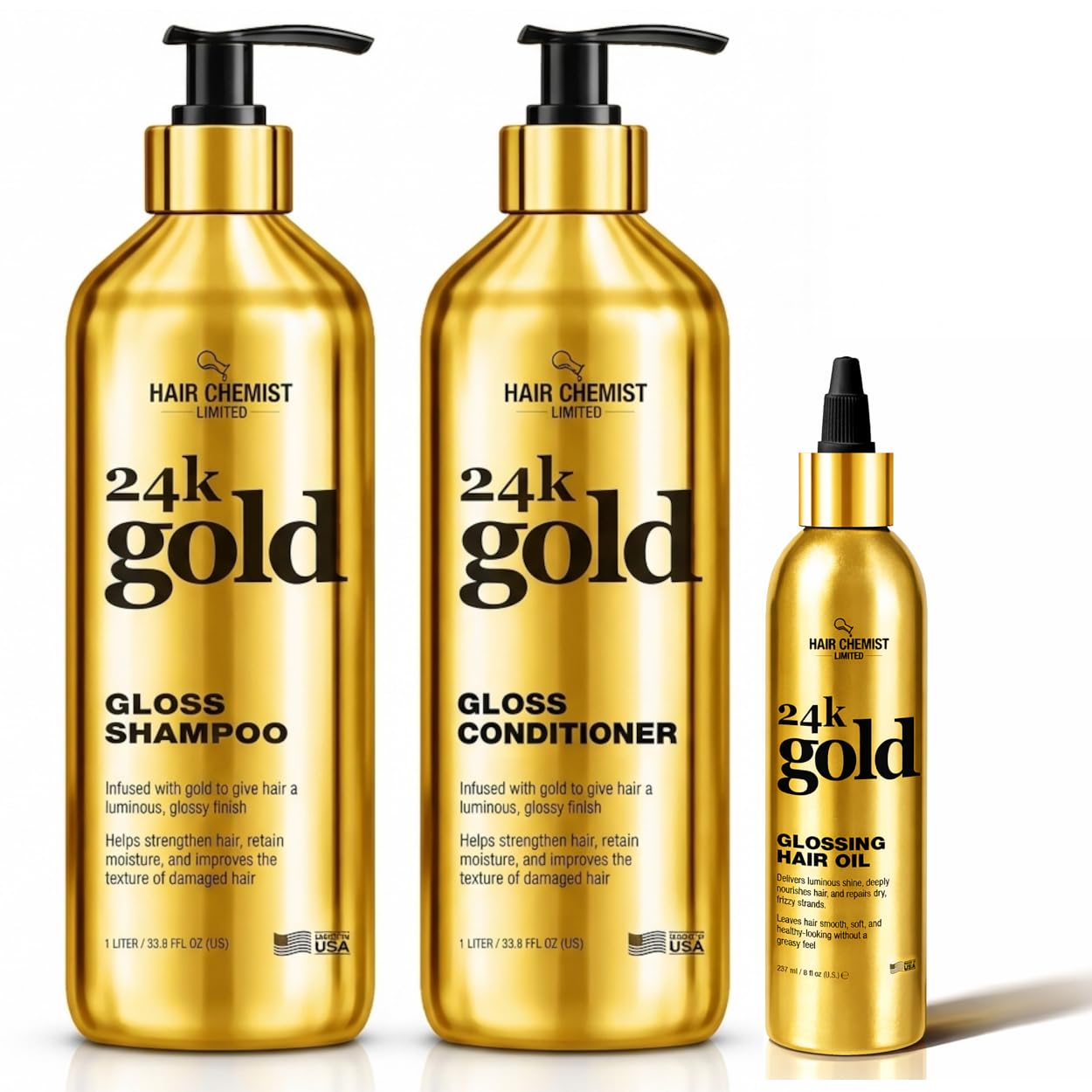 Hair Chemist 24K Gold Gloss Shampoo & Conditioner 3-Piece Hair Care Set - 33.8oz Shampoo, 33.8oz Conditioner & 8 oz Hair Oil - Strengthening, for Dry