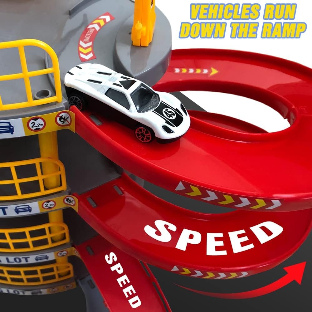 4-Level Garage Toy Set with Race Tracks, Parking Lot, 1 Helicopter & 2 Cars – Durable Vehicle Playset for Boys, Kids & Toddlers