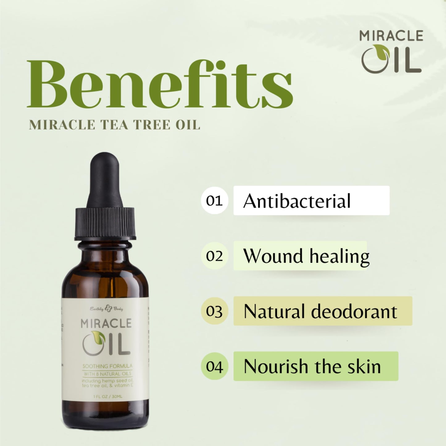 Earthly Body Miracle Oil, 1 fl. oz. - 2 Pack - 100% Natural Tea Tree Oil, Hemp Seed Oil & Vitamin E - Moisturizer, Calms Skin Irritations, Helps