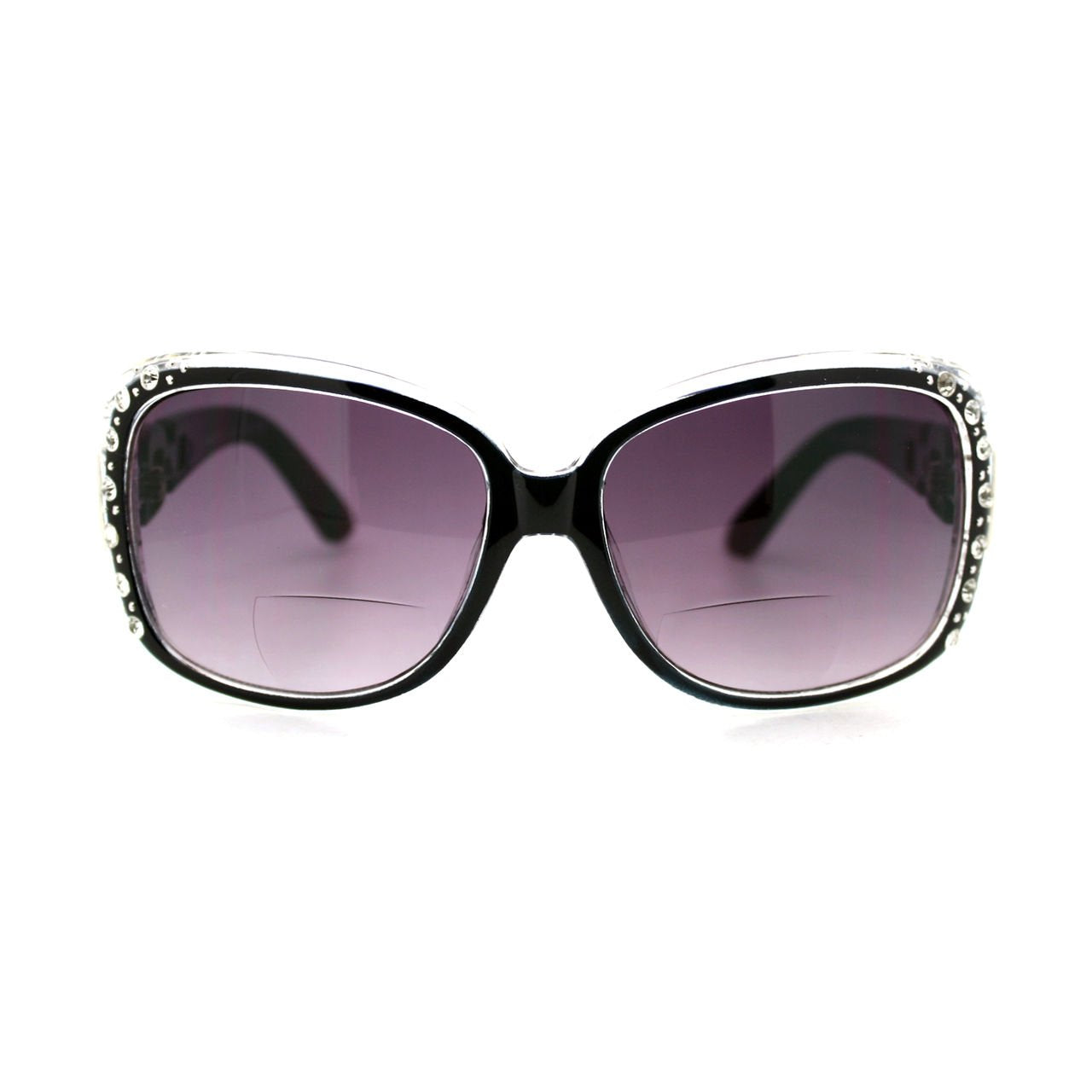 Womens Bifocal Lens Sunglasses Oversized Square Rhinestone Frame Black +3.00