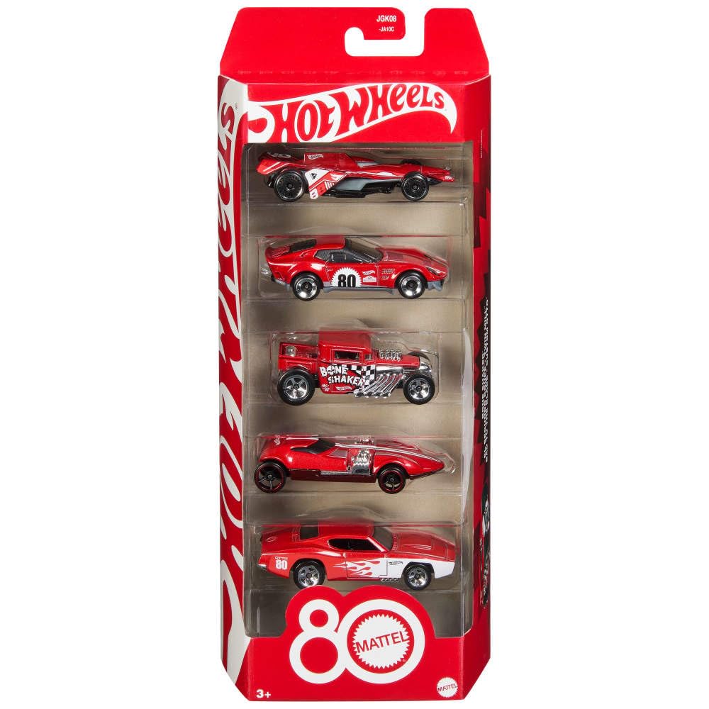 Hot Wheels 5-Pack 1:64 Scale Cars – Mattel 80th Anniversary Collectible Vehicle Set with Special Deco & Packaging